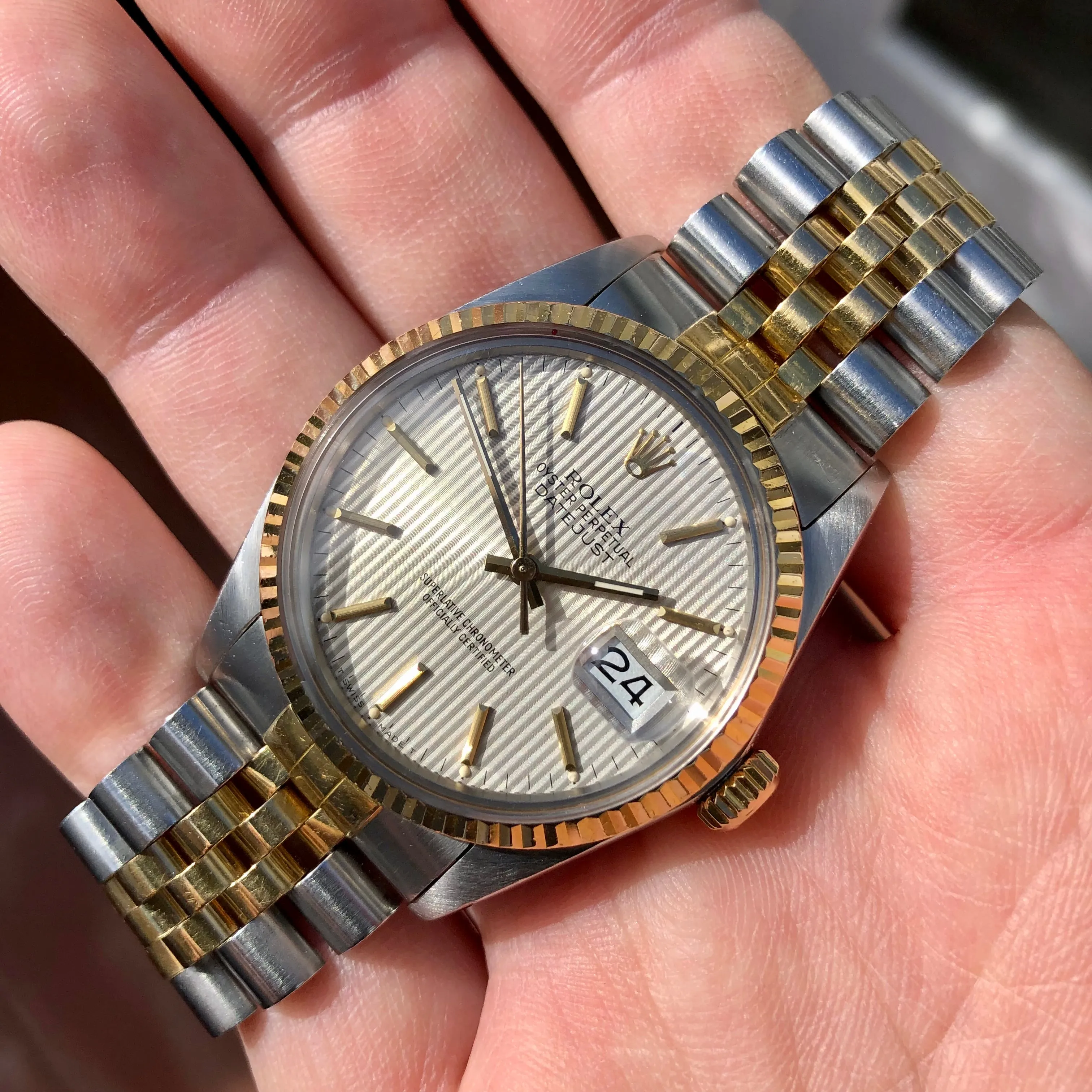 1986 Rolex Datejust 16013 Silver Tapestry Two Tone Jubilee Wristwatch with Box and Papers