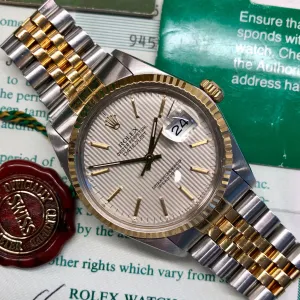 1986 Rolex Datejust 16013 Silver Tapestry Two Tone Jubilee Wristwatch with Box and Papers