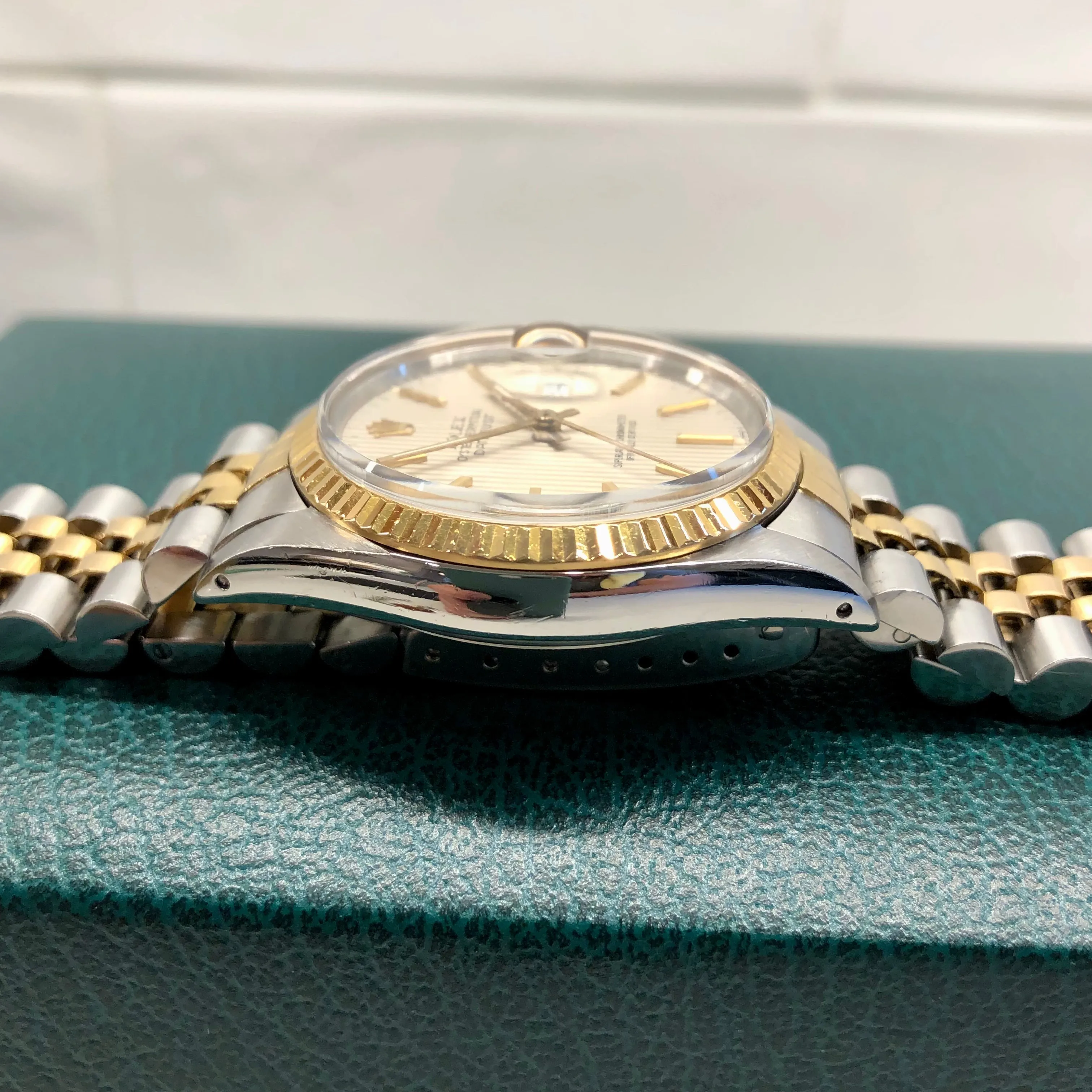 1986 Rolex Datejust 16013 Silver Tapestry Two Tone Jubilee Wristwatch with Box and Papers