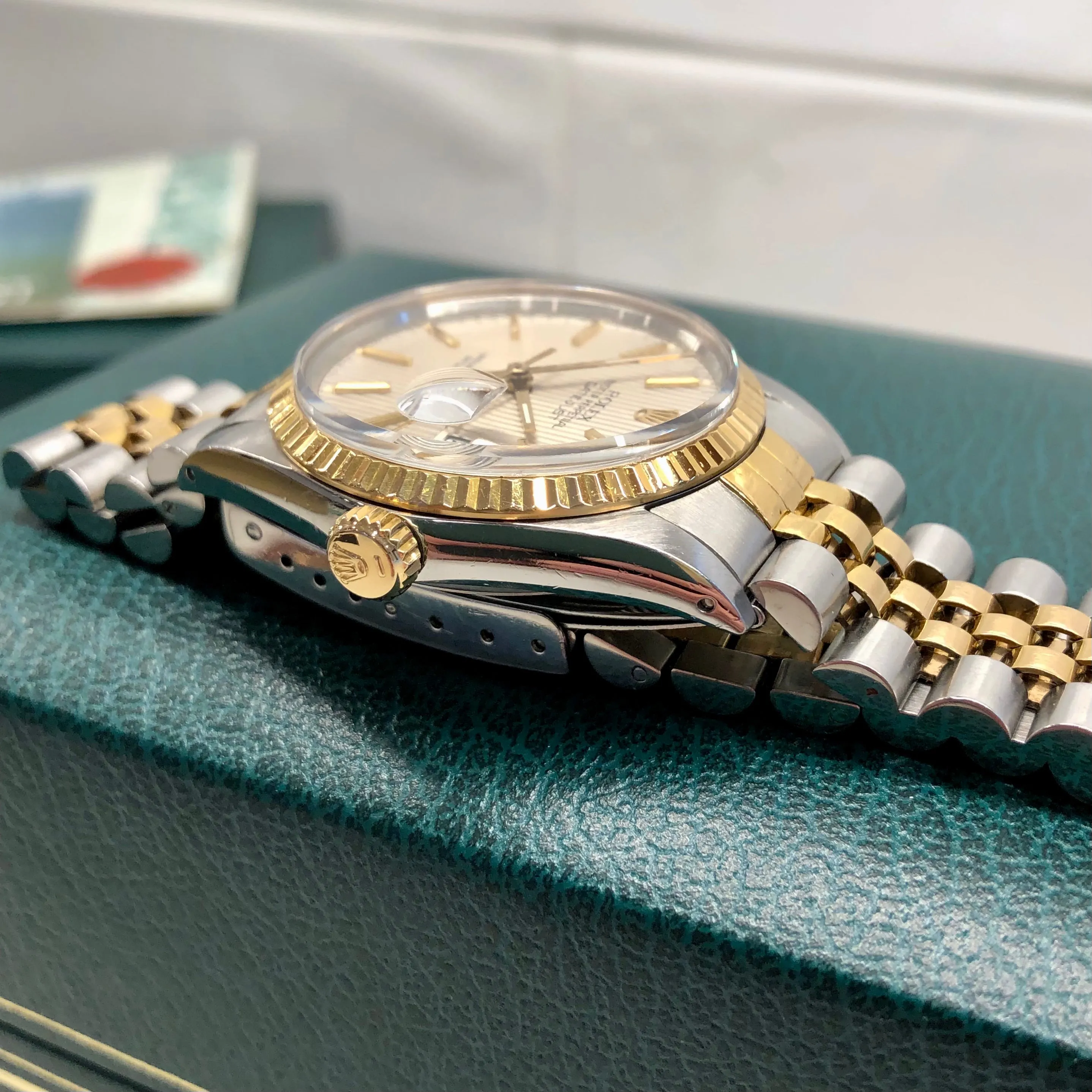 1986 Rolex Datejust 16013 Silver Tapestry Two Tone Jubilee Wristwatch with Box and Papers