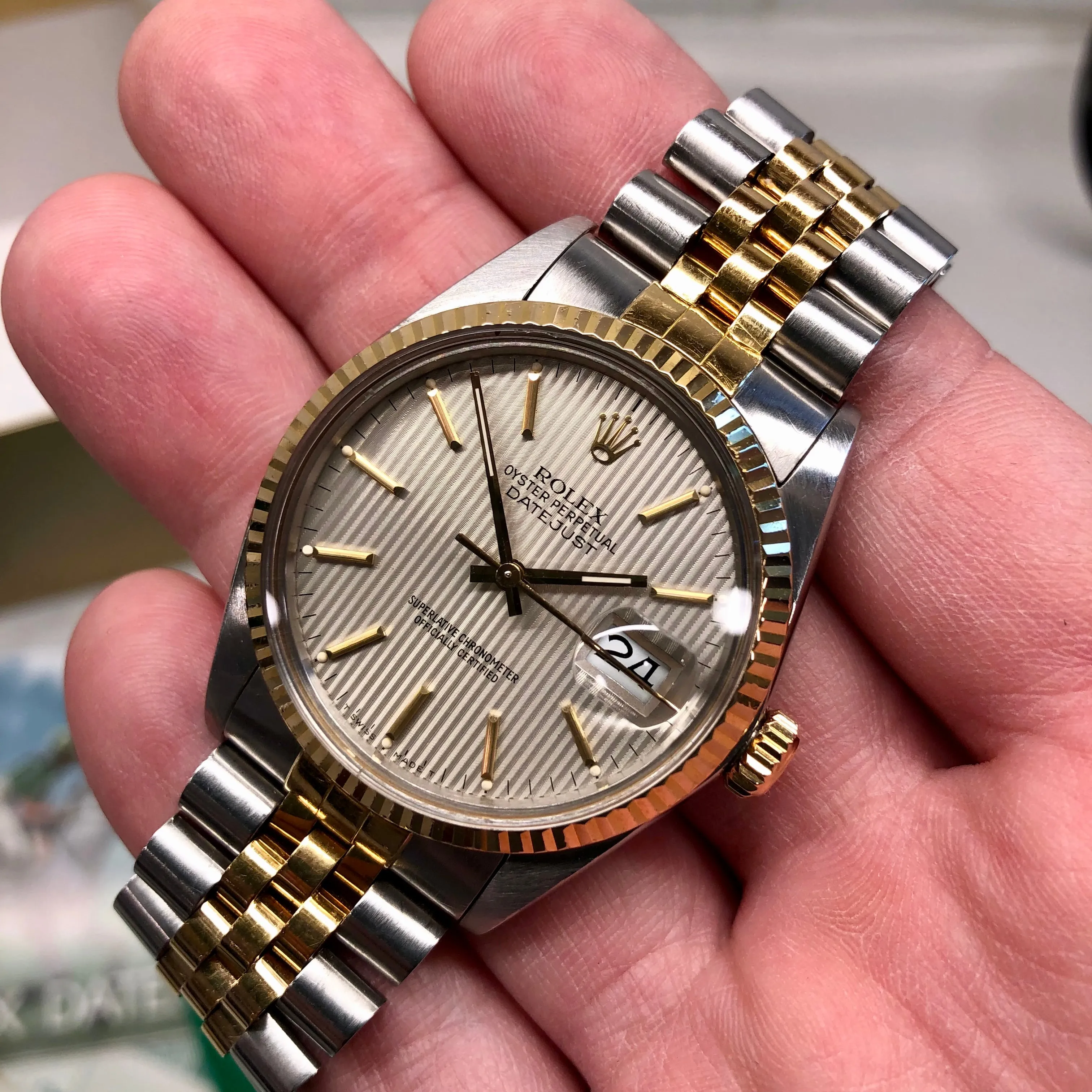 1986 Rolex Datejust 16013 Silver Tapestry Two Tone Jubilee Wristwatch with Box and Papers