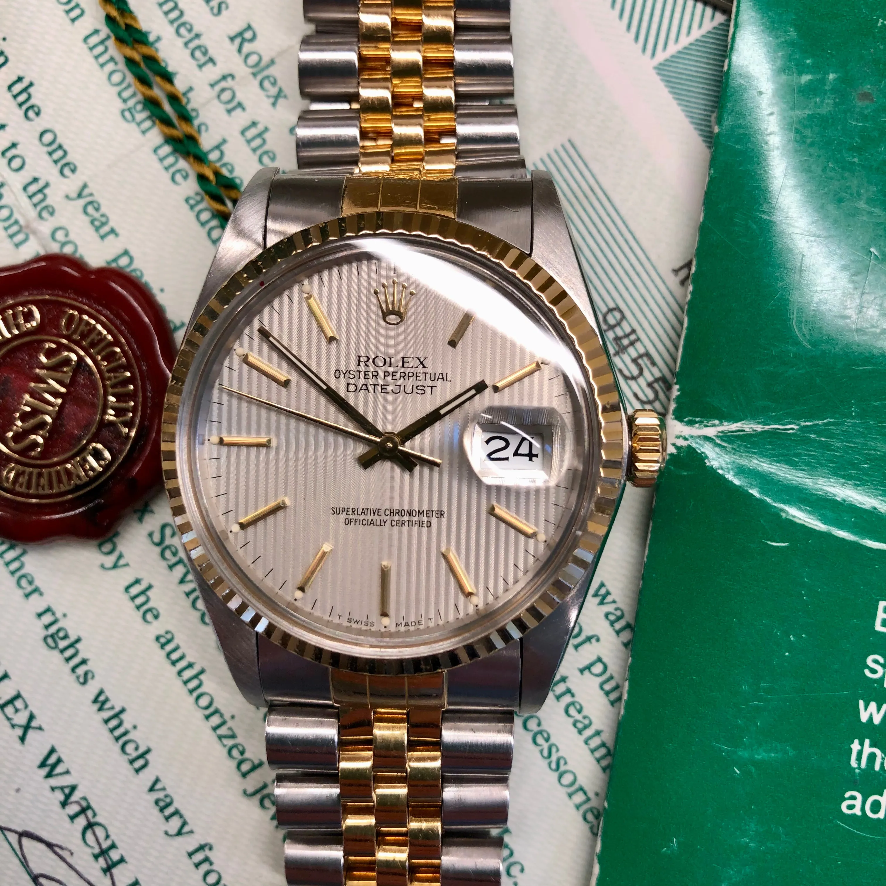 1986 Rolex Datejust 16013 Silver Tapestry Two Tone Jubilee Wristwatch with Box and Papers