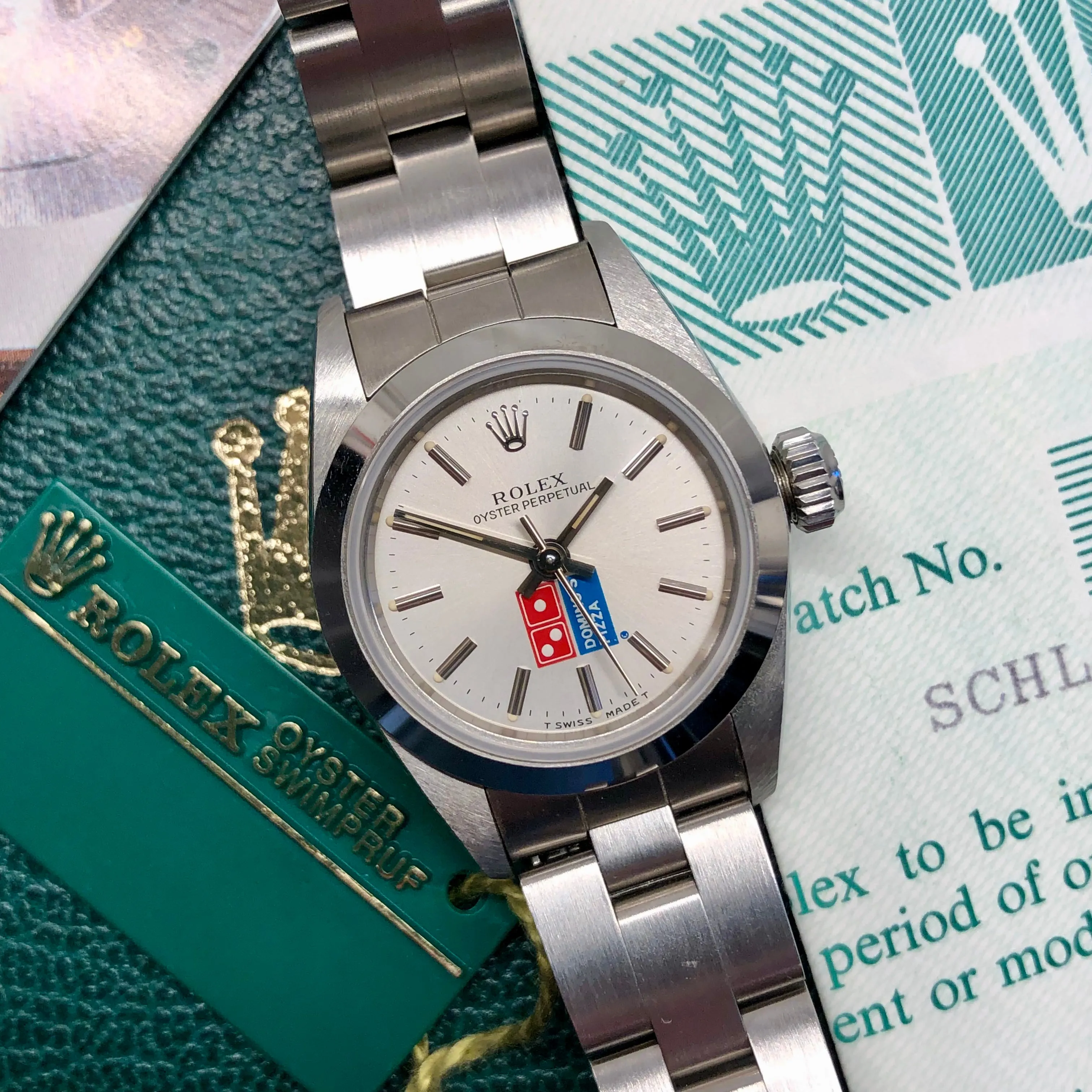 1991 Rolex Oyster Perpetual 67180 Domino's Pizza Logo Steel Oyster Automatic Wristwatch with Box and Papers