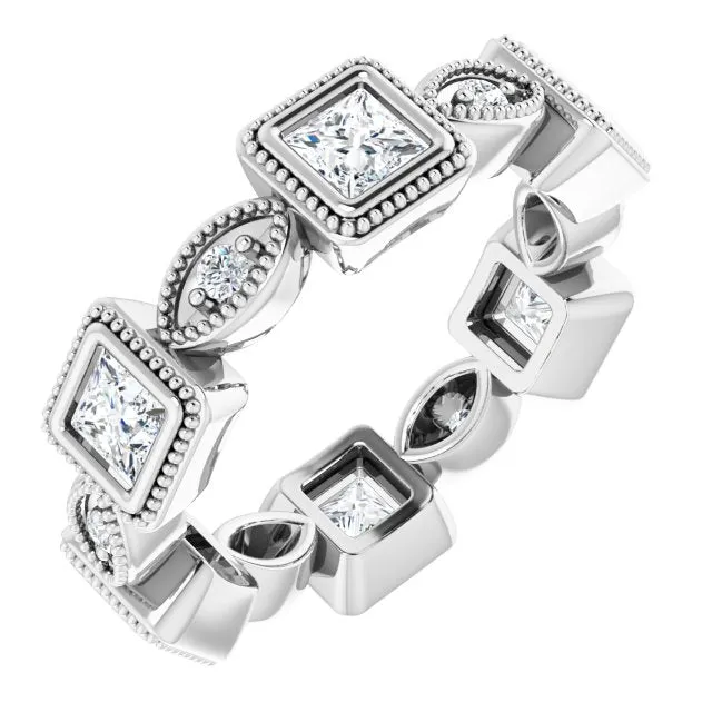 2.00 ct. Princess & Round Diamond Eternity Band Milgrain Accent Ring