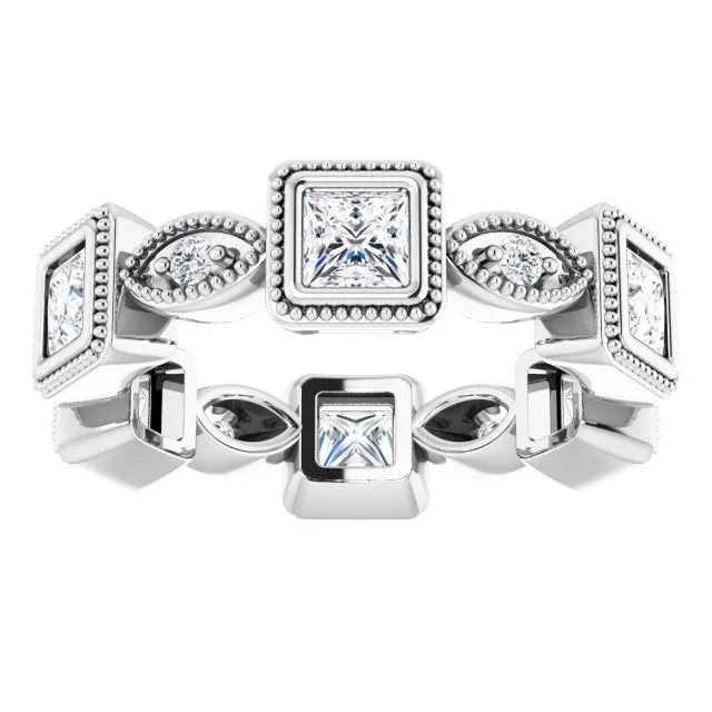 2.00 ct. Princess & Round Diamond Eternity Band Milgrain Accent Ring