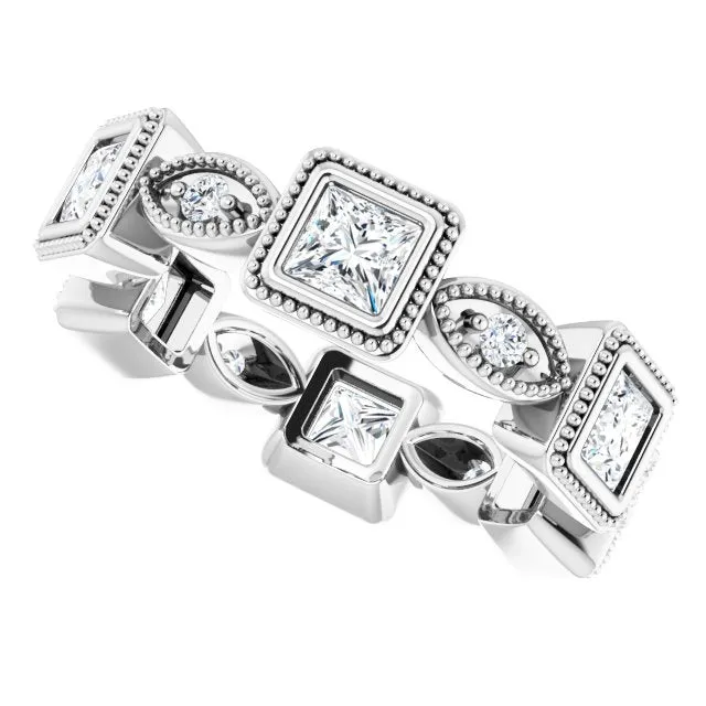 2.00 ct. Princess & Round Diamond Eternity Band Milgrain Accent Ring