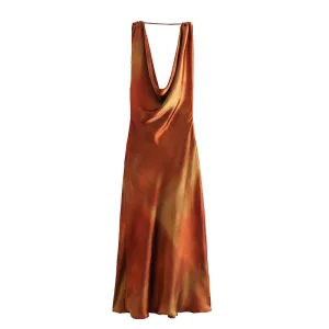 2023Summer New Women's Clothing European and American Style Draped Collar Silk Satin Textured Printed Dress8029439 703