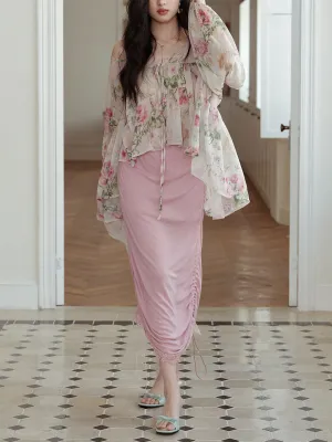 2PS Pink Crush Blouse and High Waist Bodycon Skirt Vintage Dress Outfit