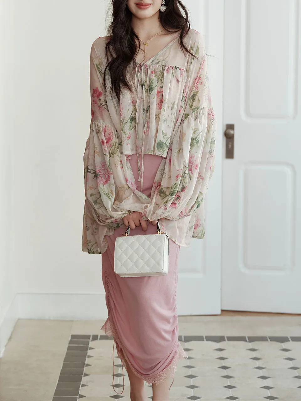 2PS Pink Crush Blouse and High Waist Bodycon Skirt Vintage Dress Outfit