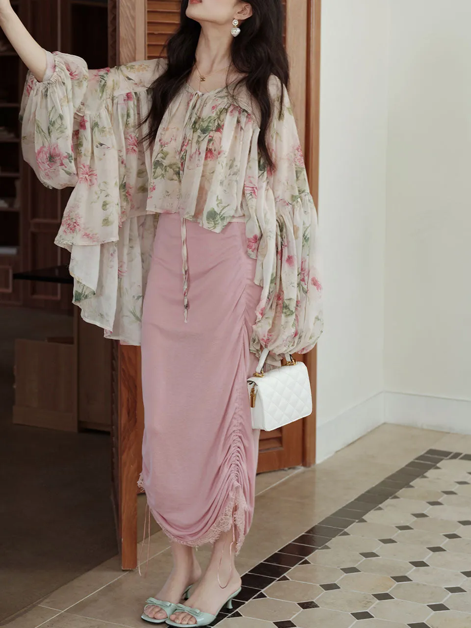 2PS Pink Crush Blouse and High Waist Bodycon Skirt Vintage Dress Outfit