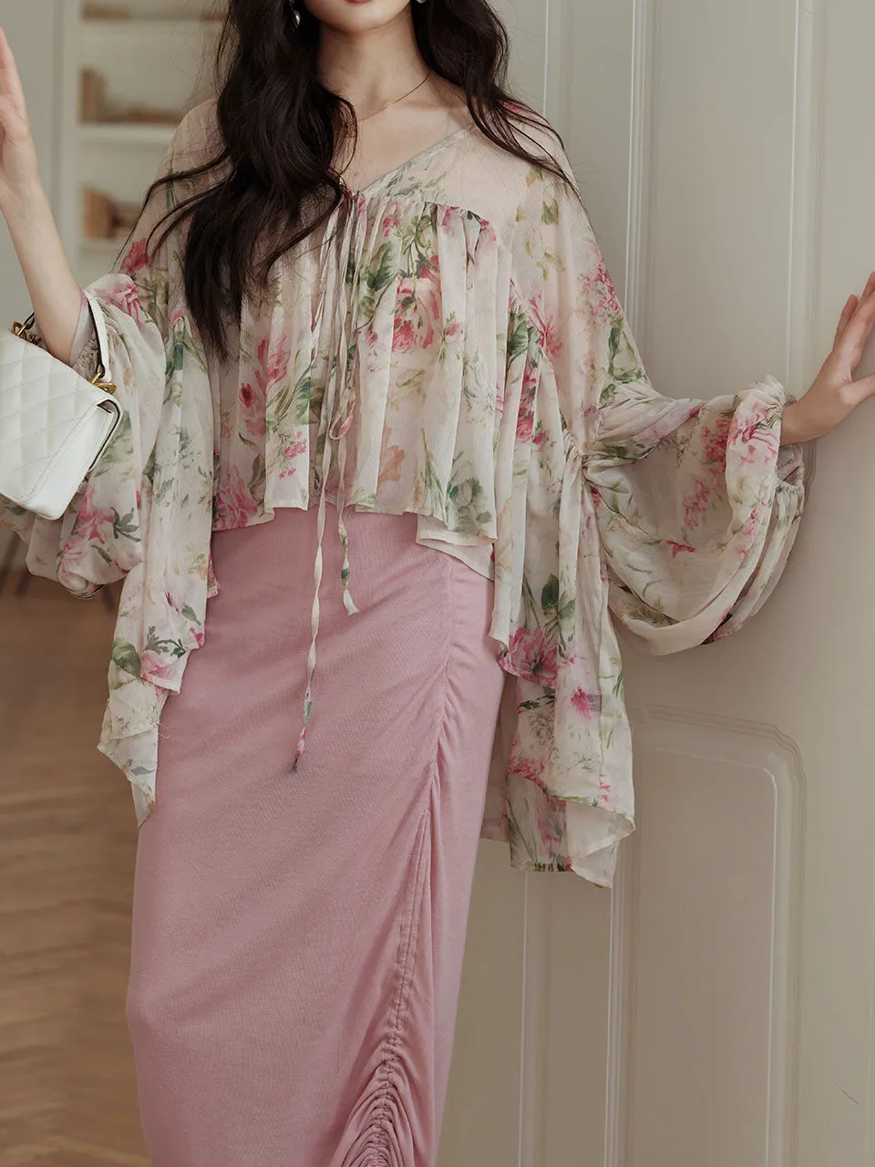 2PS Pink Crush Blouse and High Waist Bodycon Skirt Vintage Dress Outfit