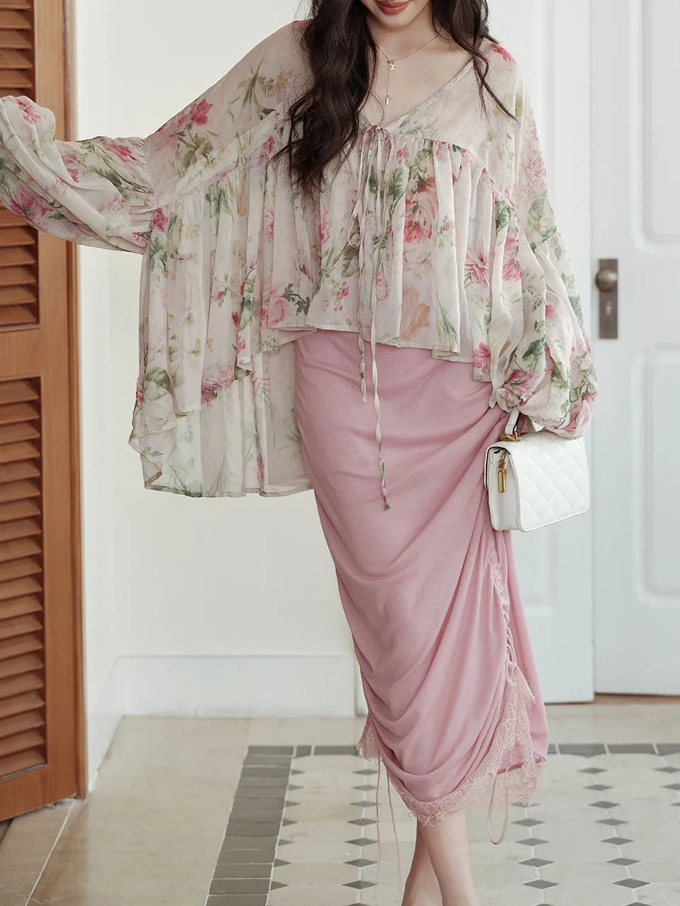 2PS Pink Crush Blouse and High Waist Bodycon Skirt Vintage Dress Outfit