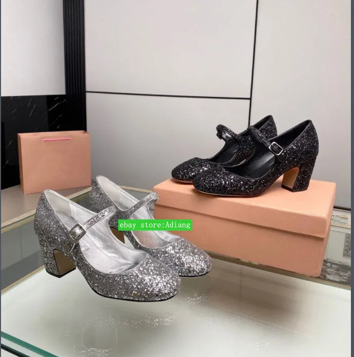 7 cm thick heel blingbling Mary Jane pump fashion claasic women 2023 black silve