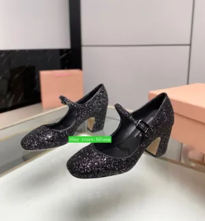 7 cm thick heel blingbling Mary Jane pump fashion claasic women 2023 black silve
