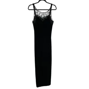 90s Night Way Black Slinky Velvet Vamp Dress Sequin Mesh Illusion Sweetheart 14