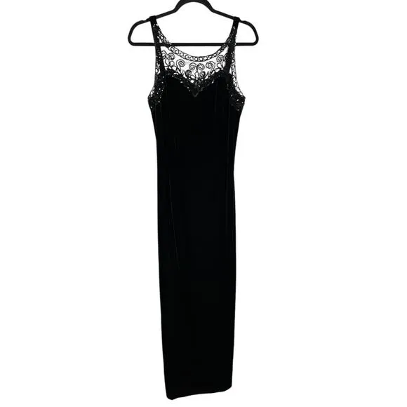 90s Night Way Black Slinky Velvet Vamp Dress Sequin Mesh Illusion Sweetheart 14