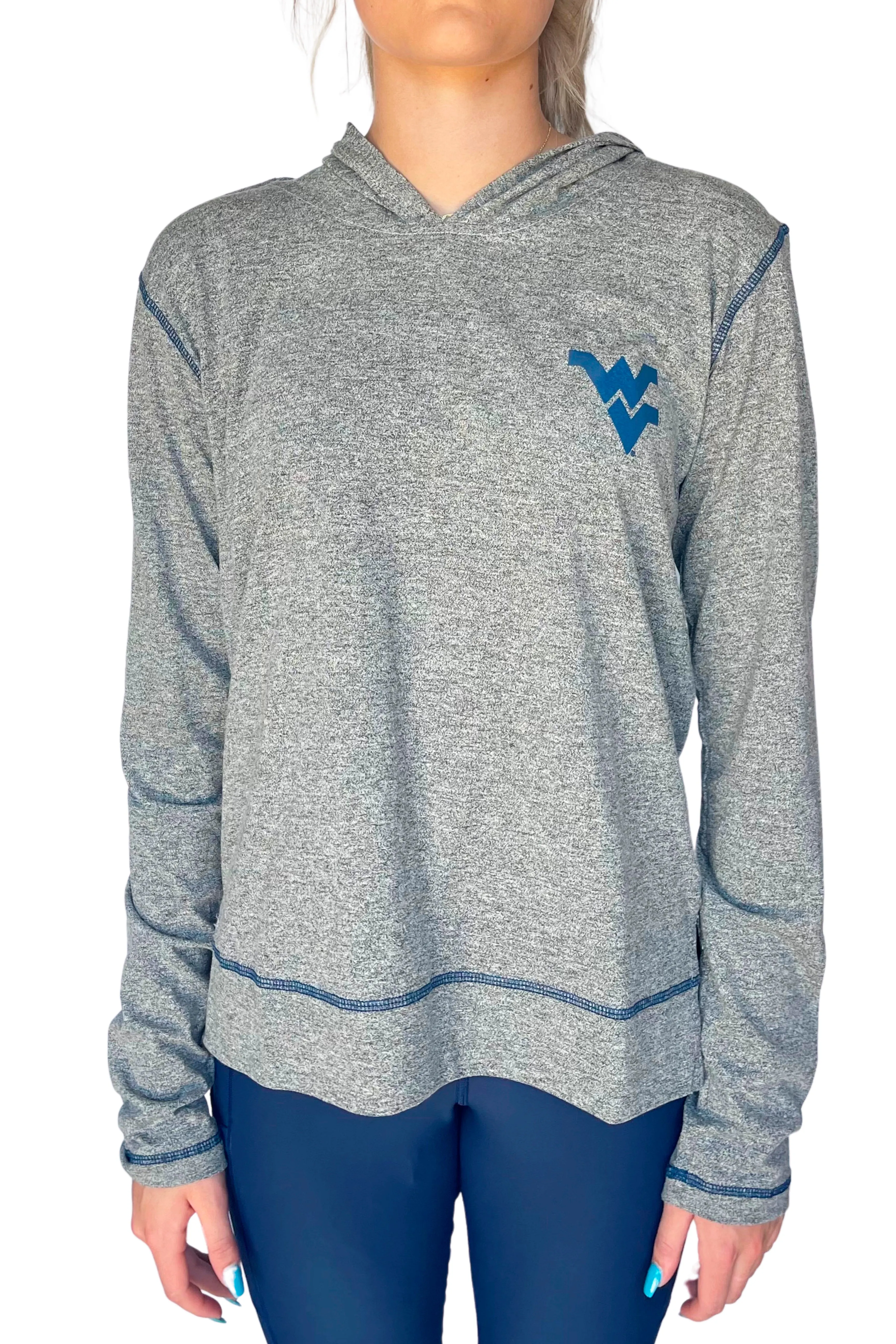 916 - West Virginia University Lightweight Hoodie Heather Grey w/ Navy Stitch