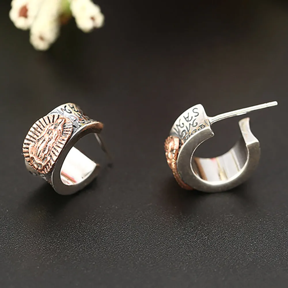 925 Sterling Silver Virgin Mary Stud Earrings Thai Silver Retro Fashion Jewelry