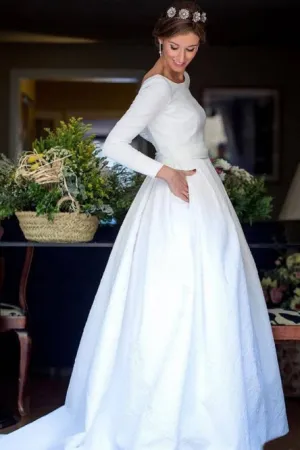 A-Line Bateau Backless Satin Wedding Dress with Pockets Sleeves OHD011