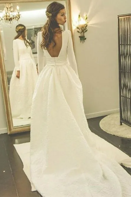 A-Line Bateau Backless Satin Wedding Dress with Pockets Sleeves OHD011