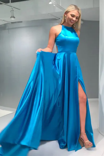 A-Line Crew Open Back Sweep Train Blue Prom Dress with Split PD012