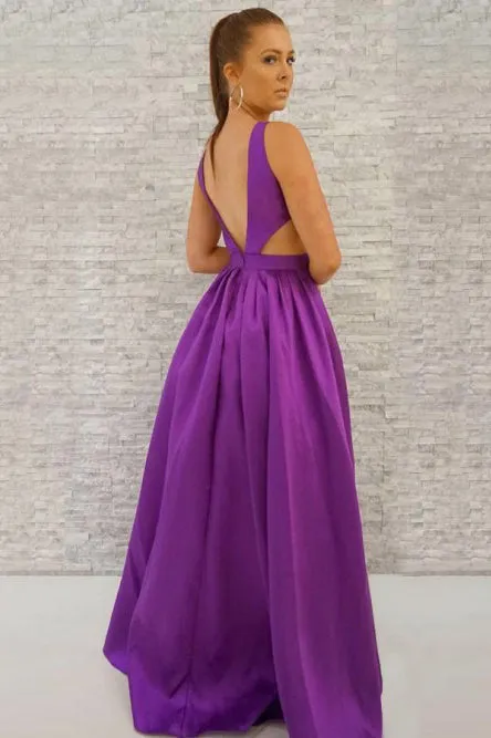 A-Line Deep V-Neck Backless Floor-Length Purple Satin Prom Dress with Pockets OHC019