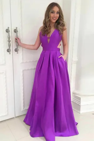 A-Line Deep V-Neck Backless Floor-Length Purple Satin Prom Dress with Pockets OHC019