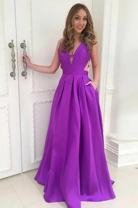 A-Line Deep V-Neck Backless Floor-Length Purple Satin Prom Dress with Pockets OHC019