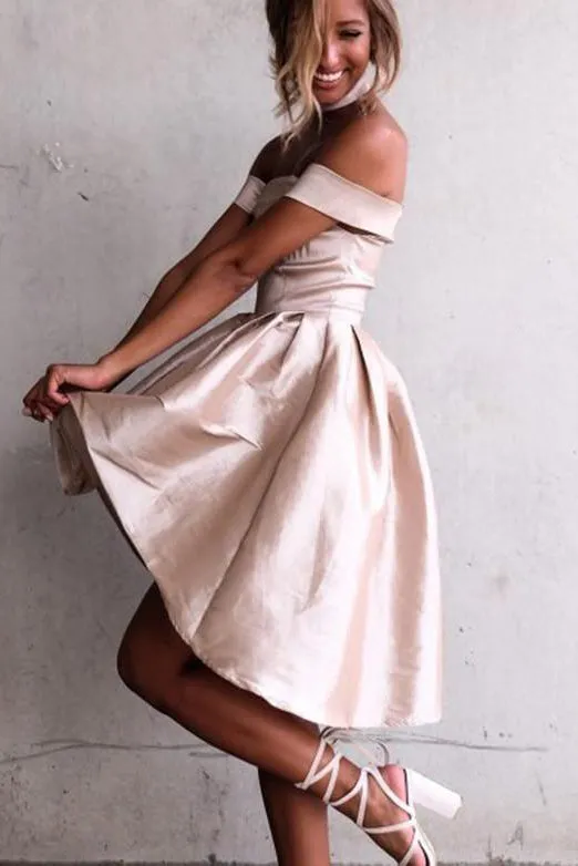 A-Line High Low Off Shoulder Sleeveless Homecoming Dresses OHM063