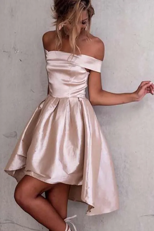 A-Line High Low Off Shoulder Sleeveless Homecoming Dresses OHM063