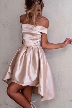 A-Line High Low Off Shoulder Sleeveless Homecoming Dresses OHM063