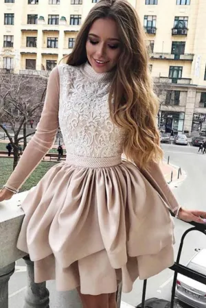 A-Line High Neck Long Sleeves Homecoming Dresses with Appliques OHM020