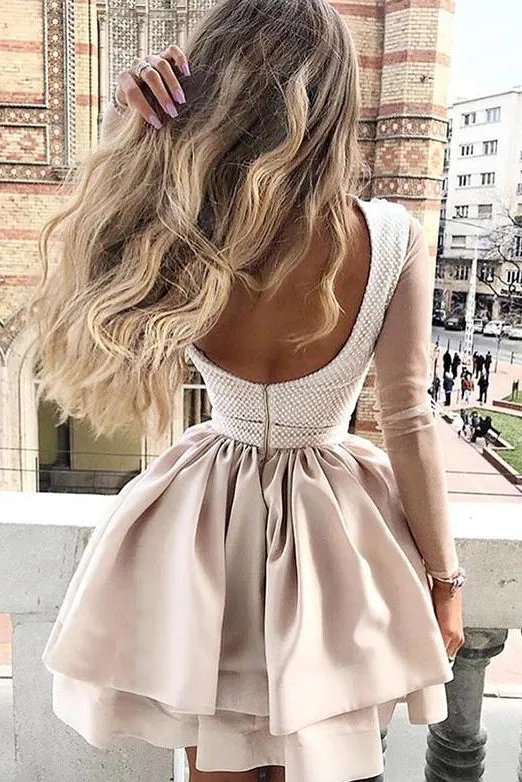 A-Line High Neck Long Sleeves Homecoming Dresses with Appliques OHM020