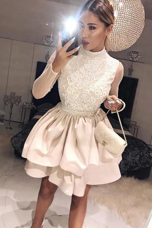A-Line High Neck Long Sleeves Homecoming Dresses with Appliques OHM020