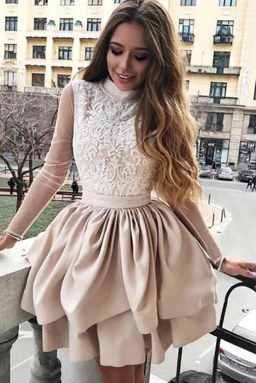 A-Line High Neck Long Sleeves Homecoming Dresses with Appliques OHM020