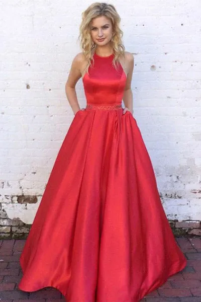 A-Line Jewel Sweep Train Red Satin Sleeveless Prom Dress with Beading Pockets L021