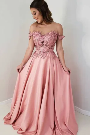 A Line Long Prom Dresses Off the Shoulder with Appliques OHC154