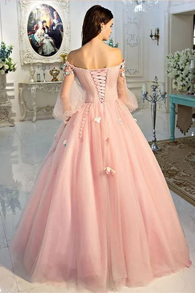 A Line Long Sleeves Pearl Pink Ball Gown Off the Shoulder Long Floral Fairy Prom Dresses PD020
