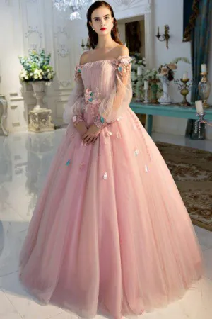 A Line Long Sleeves Pearl Pink Ball Gown Off the Shoulder Long Floral Fairy Prom Dresses PD020