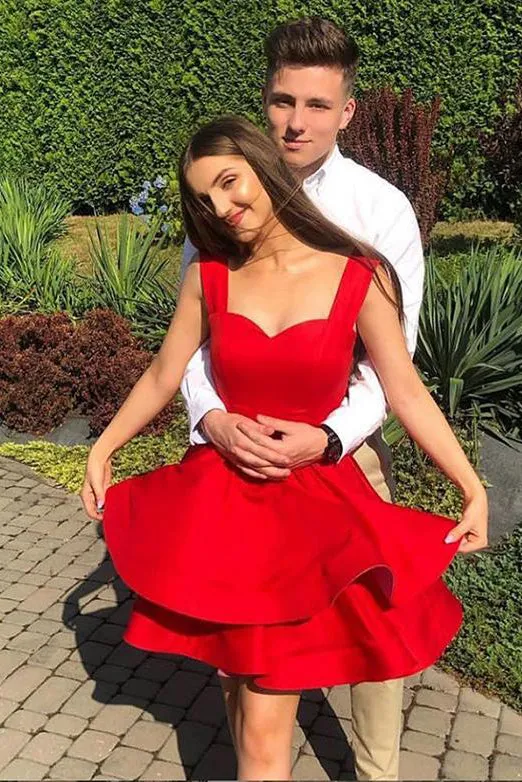 A Line Off the Shoulder Red Short Homecoming Dresses Ruffles OHM027