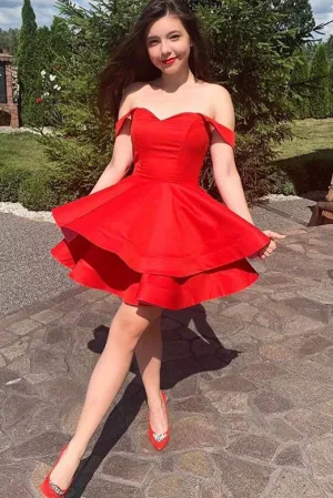 A Line Off the Shoulder Red Short Homecoming Dresses Ruffles OHM027