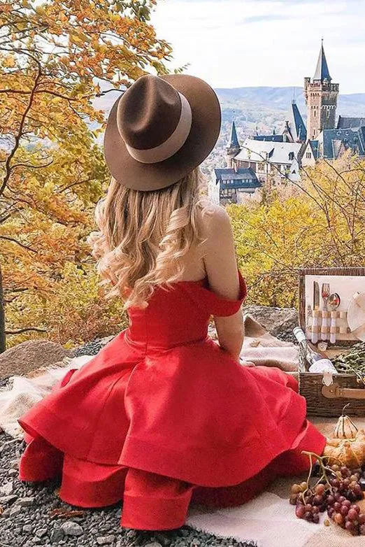 A Line Off the Shoulder Red Short Homecoming Dresses Ruffles OHM027