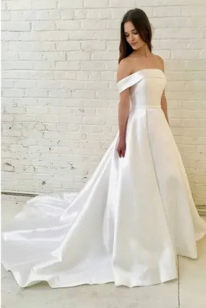 A-Line Off-the-Shoulder Sweep Train White Satin Wedding Dress OHD072