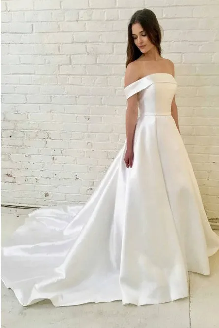 A-Line Off-the-Shoulder Sweep Train White Satin Wedding Dress OHD072