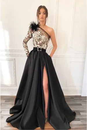 A-Line One-Shoulder Black Appliqued Split Long Prom Dress with Pockets Feathers LPD023
