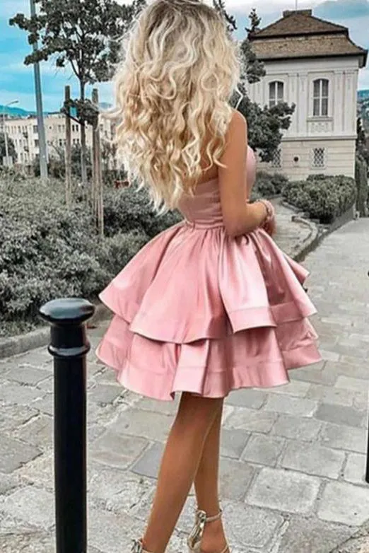 A Line One Shoulder Pink Short Homecoming Prom Dresses with Ruched OHM023