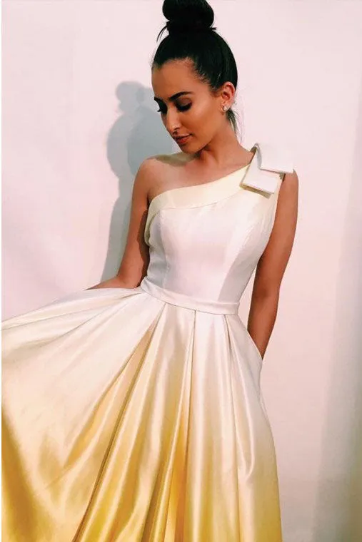 A-Line One-Shoulder Sweep Train Satin Prom Dress with Pockets Bowknot OHC167