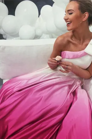 A-Line One-Shoulder Sweep Train Satin Prom Dress with Pockets Bowknot OHC167