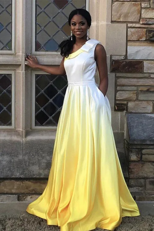 A-Line One-Shoulder Sweep Train Satin Prom Dress with Pockets Bowknot OHC167
