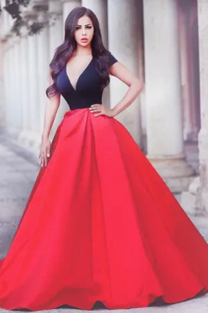 A-line  Red V-neck Short Sleeves Sweep Train Pleated Prom Dress P55